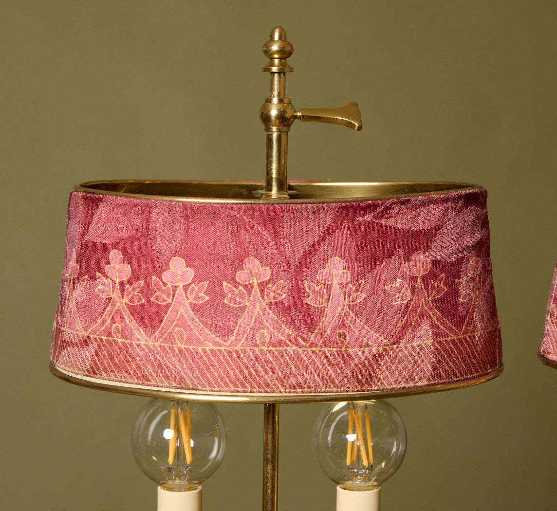 PAIR OF LOUIS XVI STYLE BOUILLOTTE LAMPS IN GILDED BRONZE WITH DAMASK  SHADES