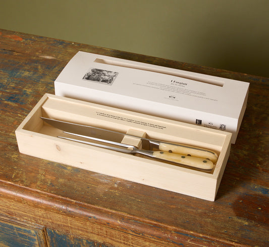 CARVING SET WITH CREAM LUCITE HANDLE BY COLTELLERIE BERTI