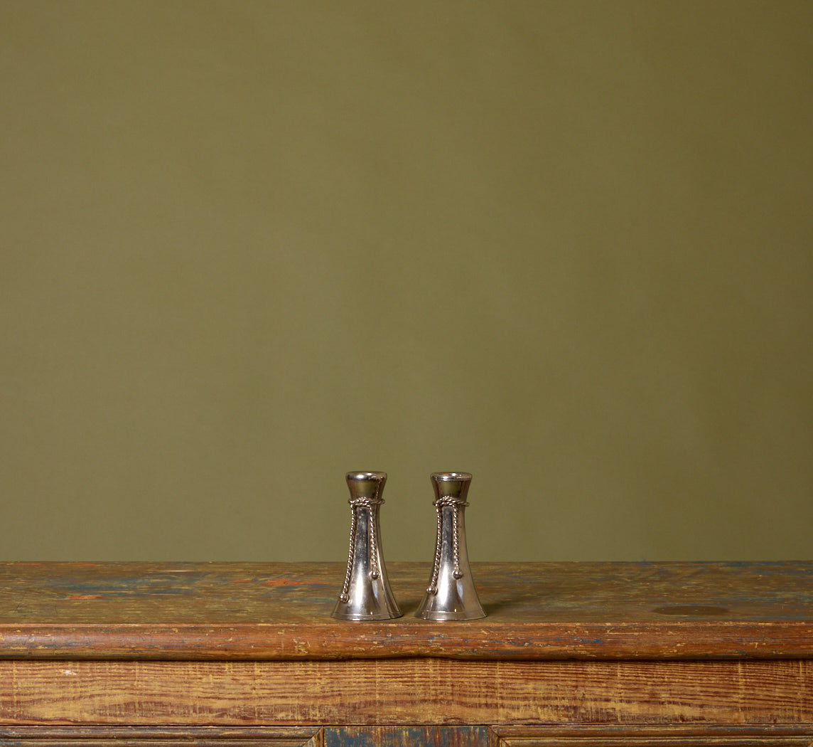 PAIR OF SILVER TASSEL CANDLESTICK HOLDERS