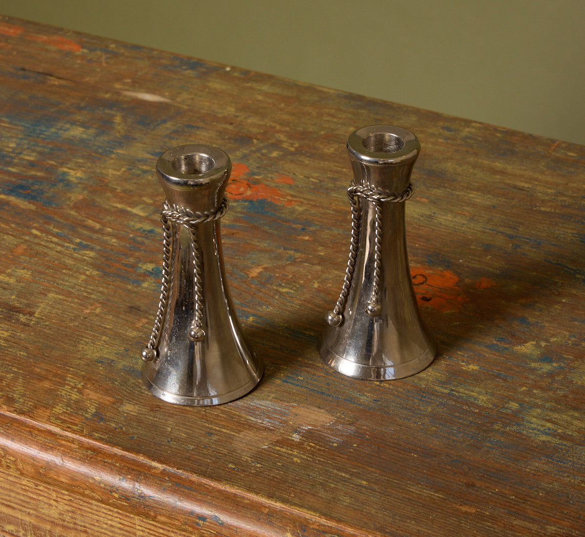 PAIR OF SILVER TASSEL CANDLESTICK HOLDERS