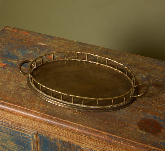 LARGE VINTAGE BRASS OVAL BAMBOO SERVING TRAY