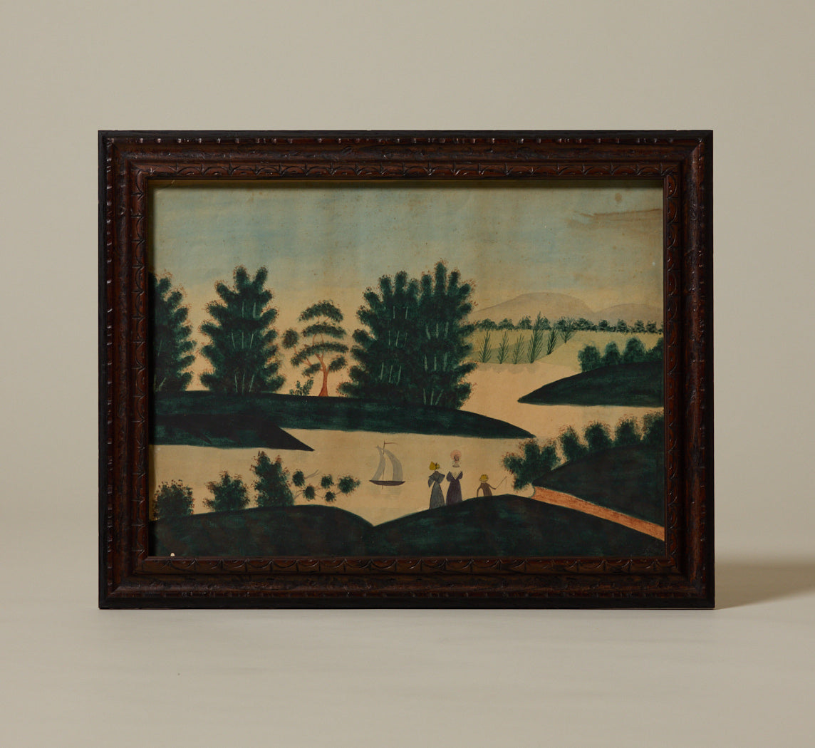 19TH CENTURY AMERICAN FOLK ART HUDSON RIVER SCENE IN WATERCOLOR