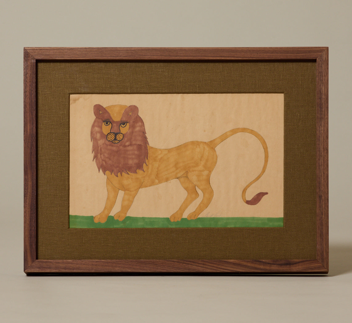 VINTAGE AMERICAN FOLK ART WATERCOLOR PORTRAIT OF A LION