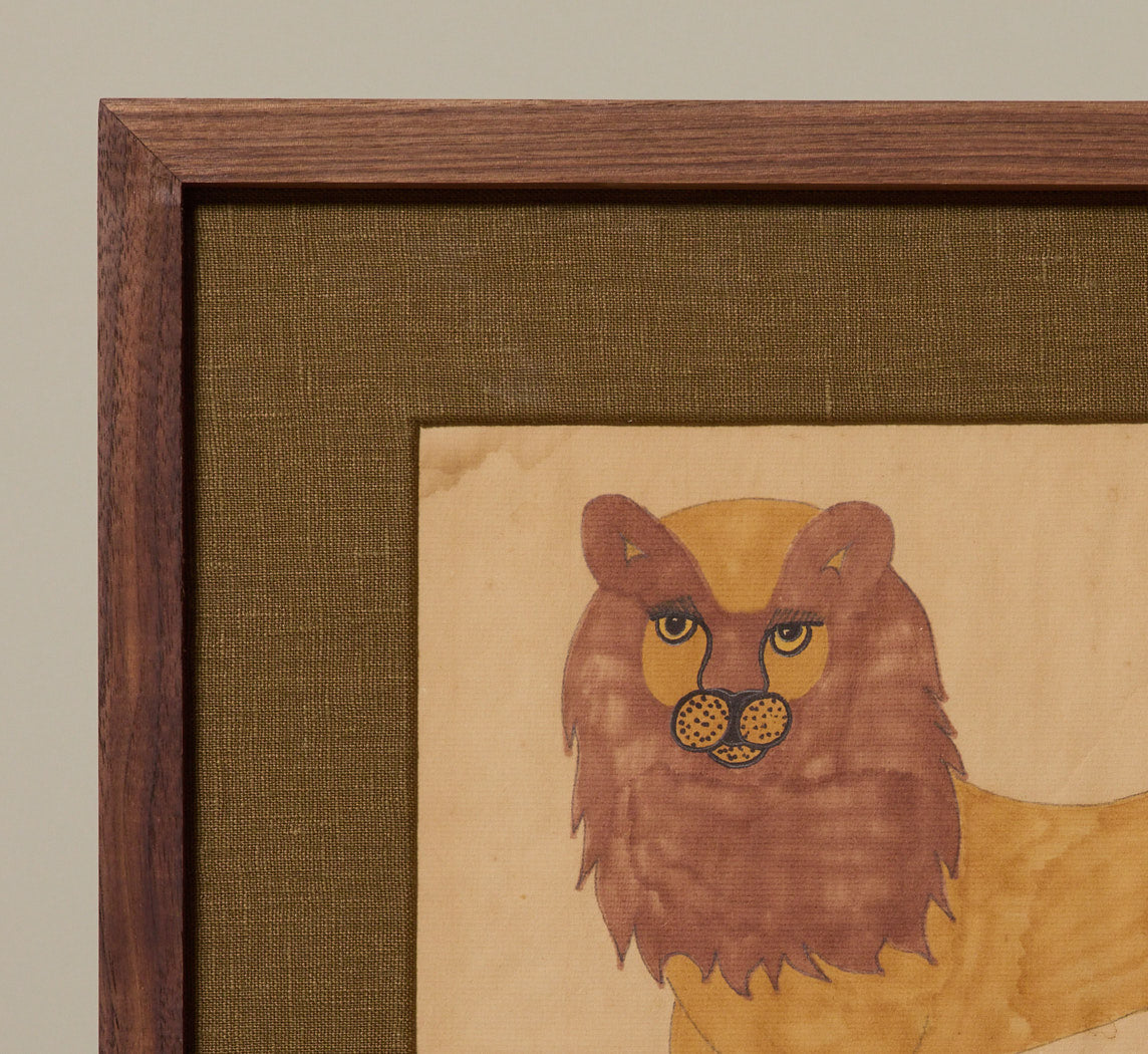 VINTAGE AMERICAN FOLK ART WATERCOLOR PORTRAIT OF A LION