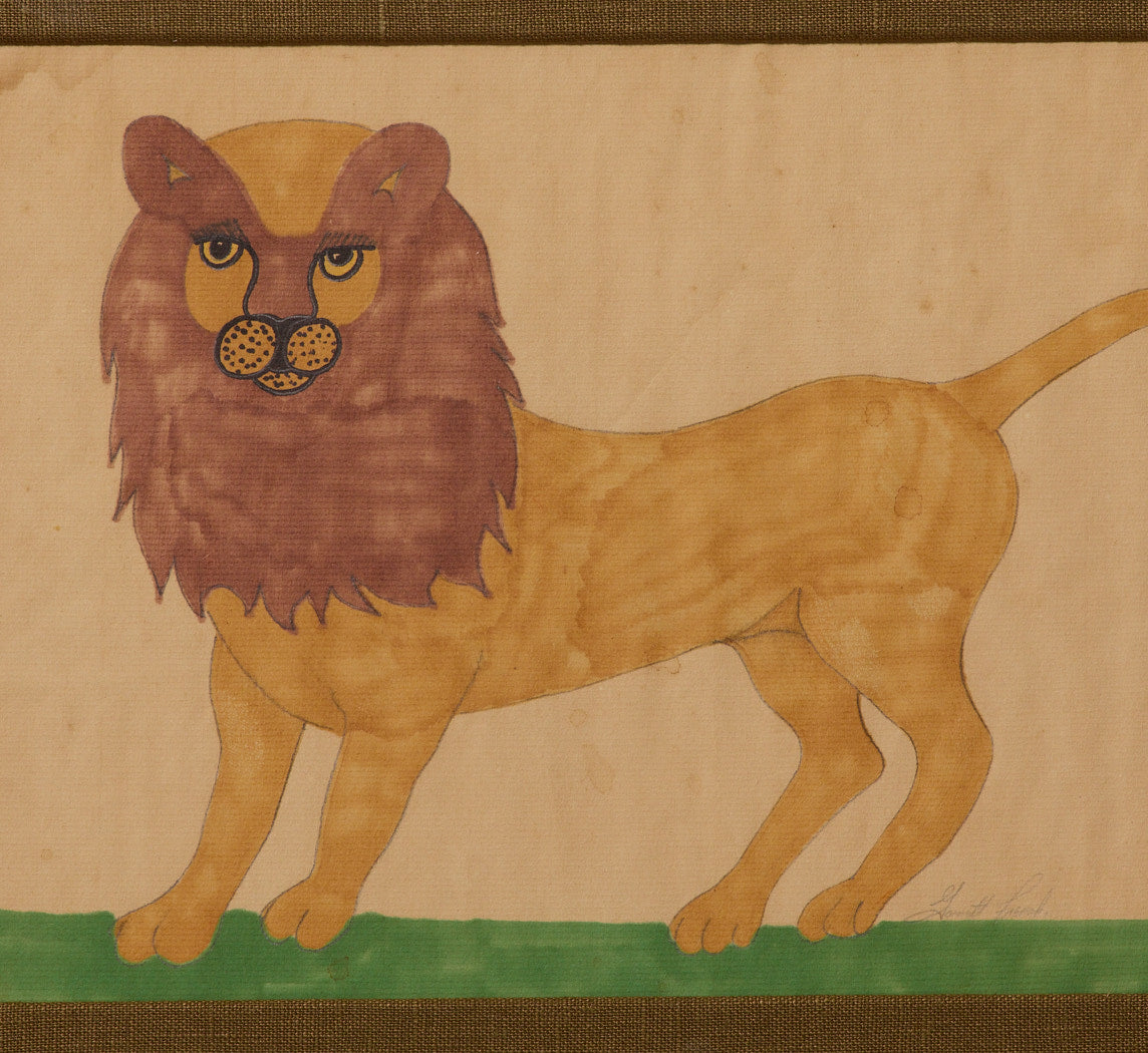 VINTAGE AMERICAN FOLK ART WATERCOLOR PORTRAIT OF A LION