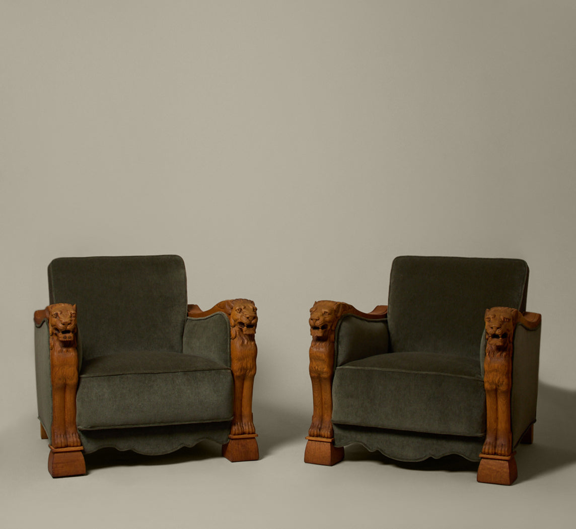 DANISH ART DECO SCULPTURAL LION LOUNGE CHAIR IN MOHAIR