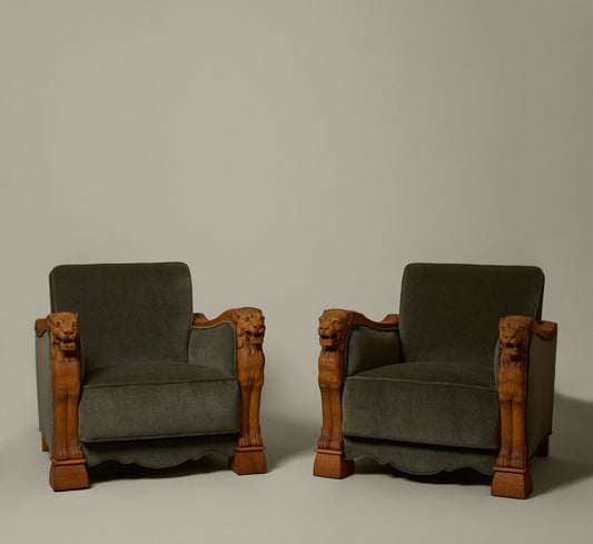 DANISH ART DECO SCULPTURAL LION LOUNGE CHAIR IN MOHAIR