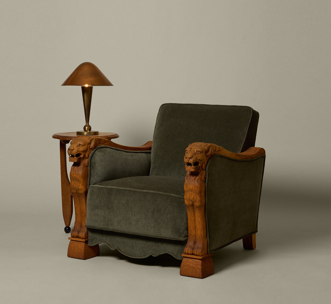 DANISH ART DECO SCULPTURAL LION LOUNGE CHAIR IN MOHAIR