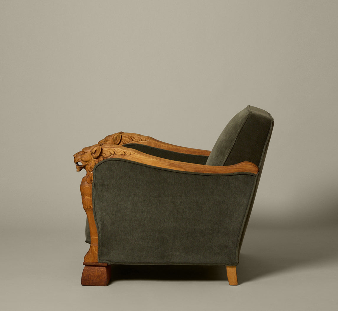 DANISH ART DECO SCULPTURAL LION LOUNGE CHAIR IN MOHAIR
