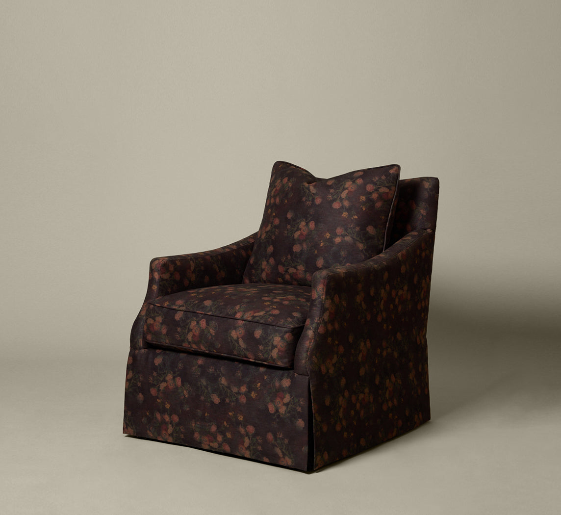 PAIR OF VINTAGE BERNHARDT SWIVEL CLUB CHAIRS IN MIDNIGHT FLORAL LINEN