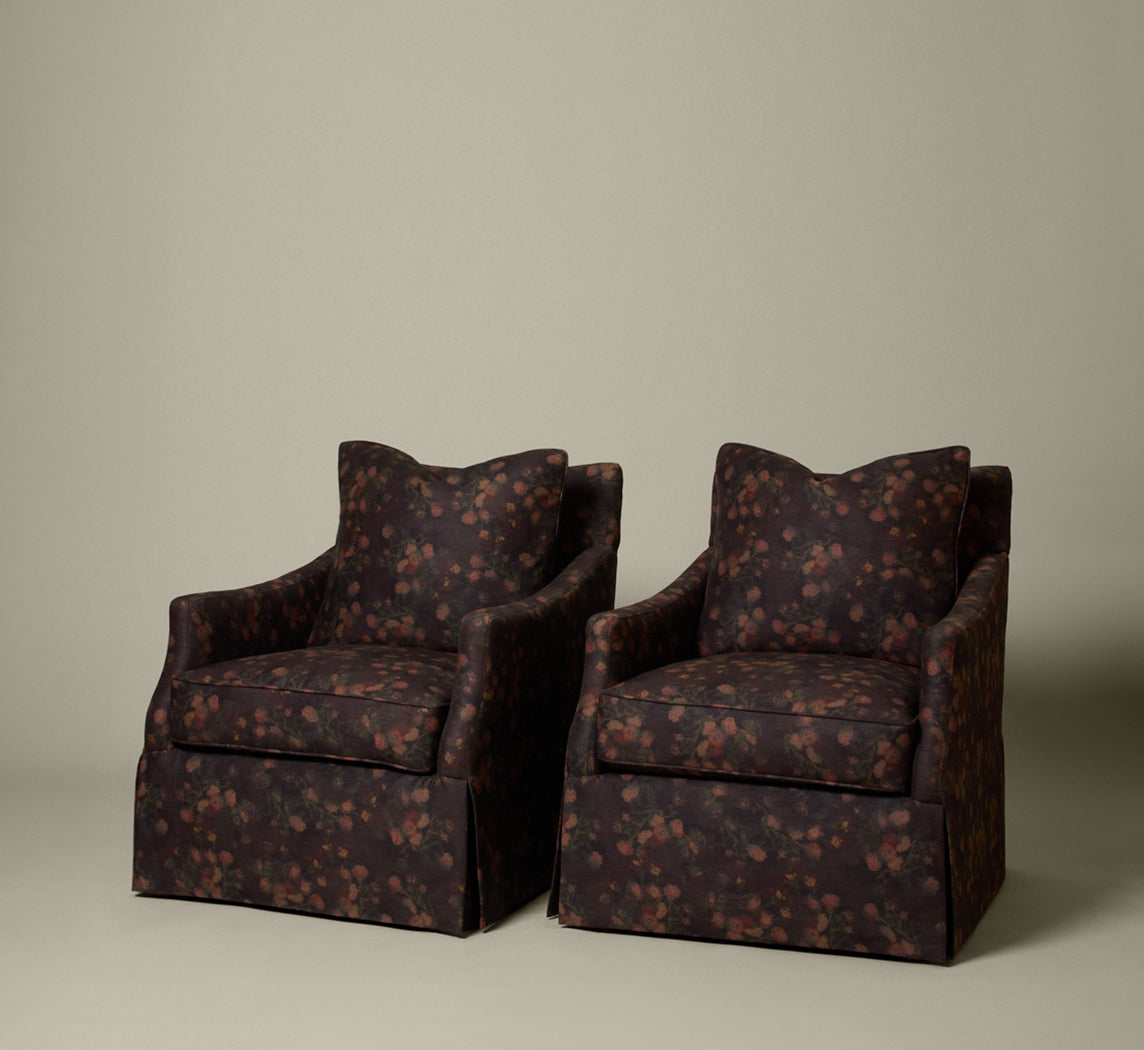 PAIR OF VINTAGE BERNHARDT SWIVEL CLUB CHAIRS IN MIDNIGHT FLORAL LINEN