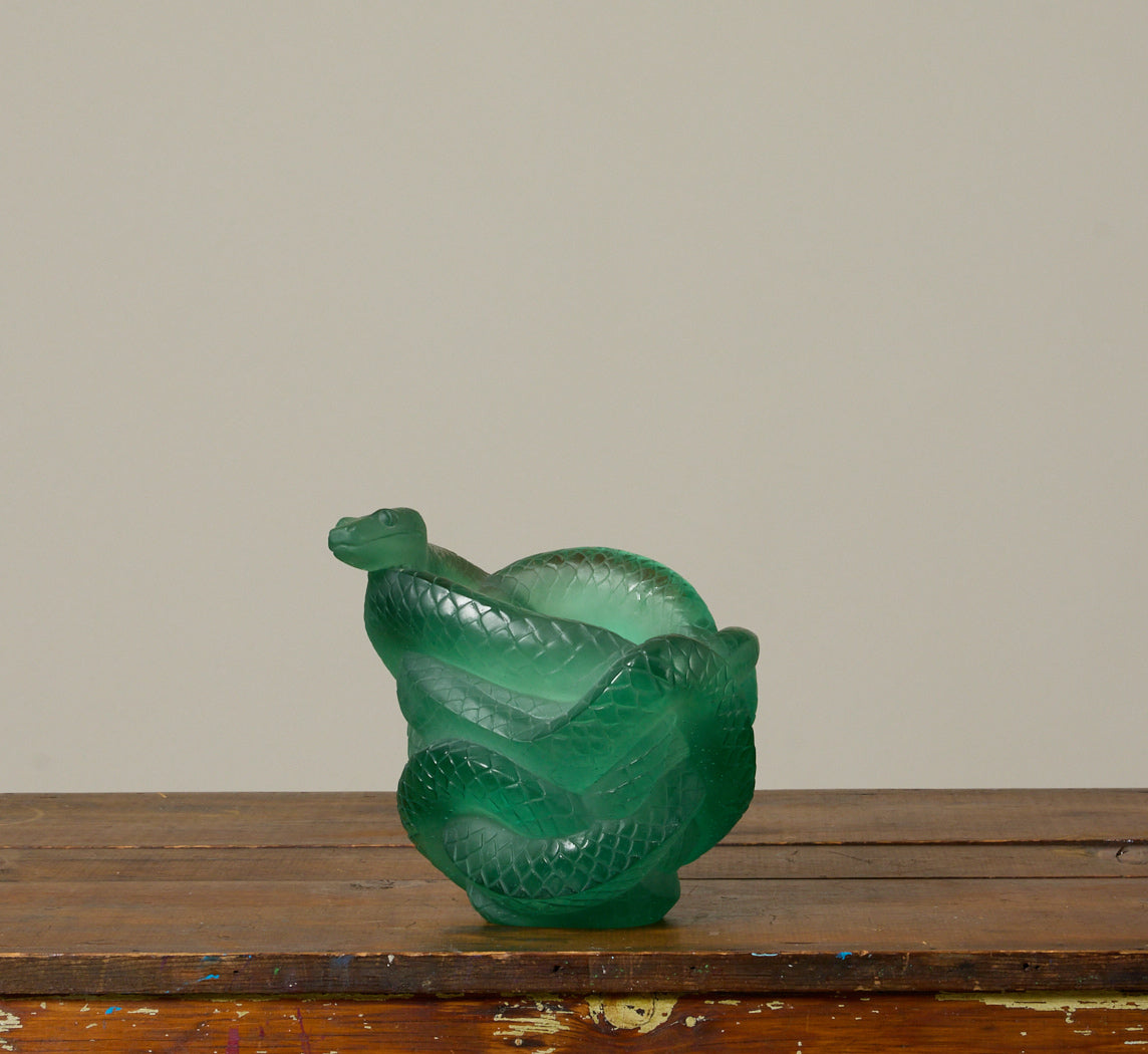 PÂTE DE VERRE JADE GREEN SNAKE VASE BY DAUM CRYSTAL