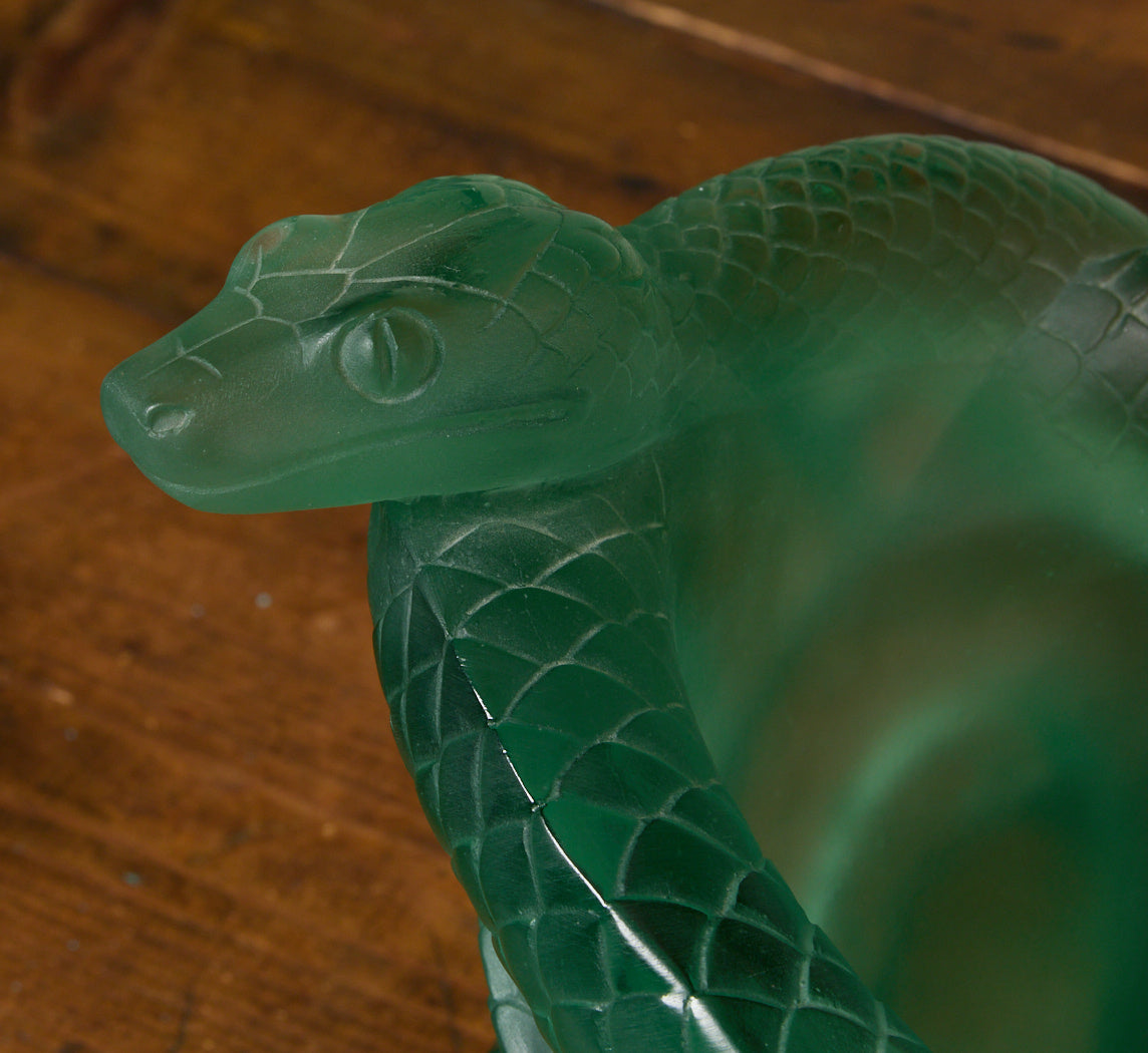 PÂTE DE VERRE JADE GREEN SNAKE VASE BY DAUM CRYSTAL