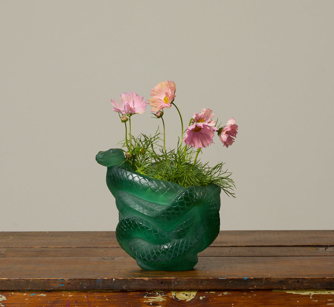 PÂTE DE VERRE JADE GREEN SNAKE VASE BY DAUM CRYSTAL