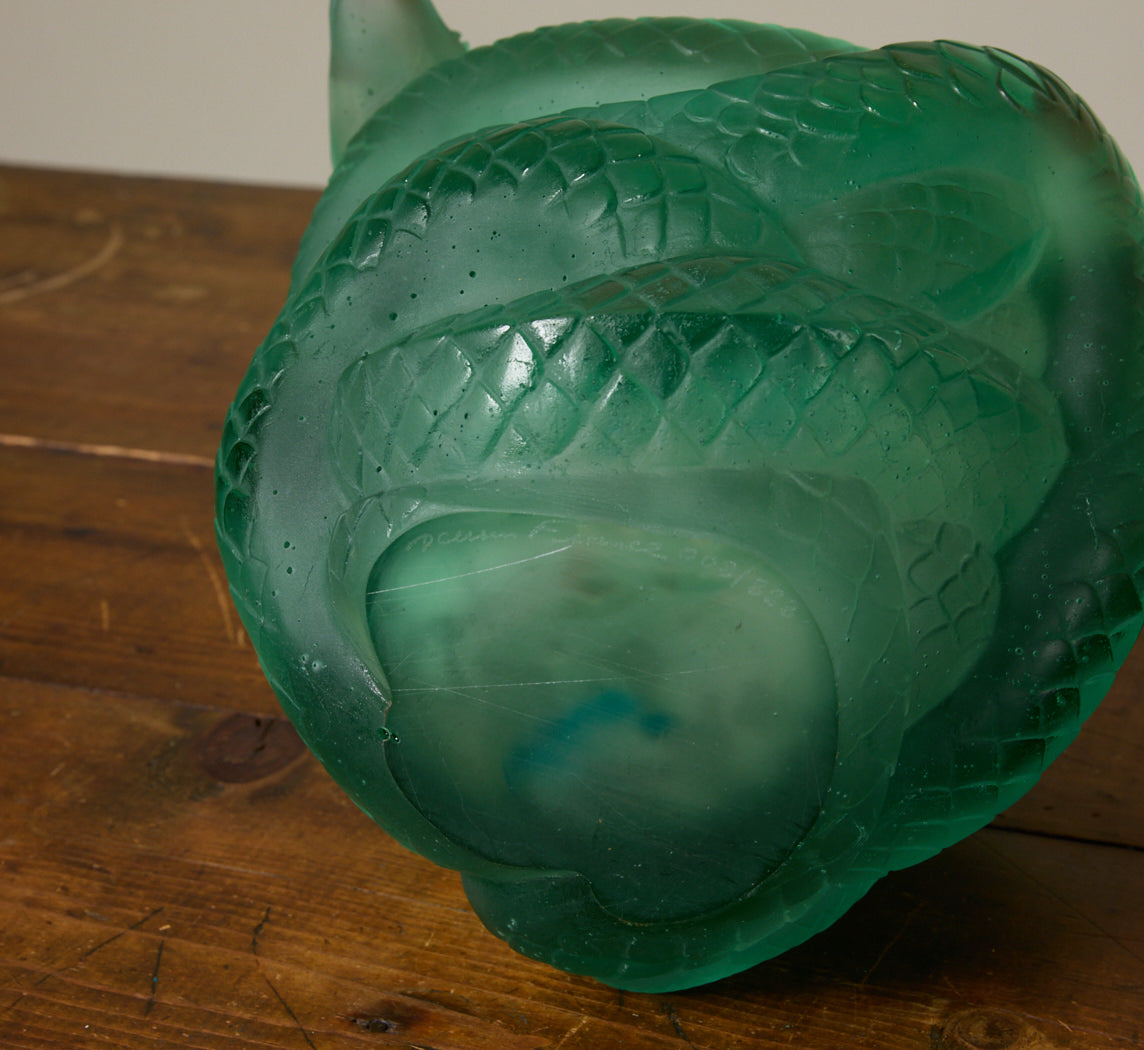 PÂTE DE VERRE JADE GREEN SNAKE VASE BY DAUM CRYSTAL