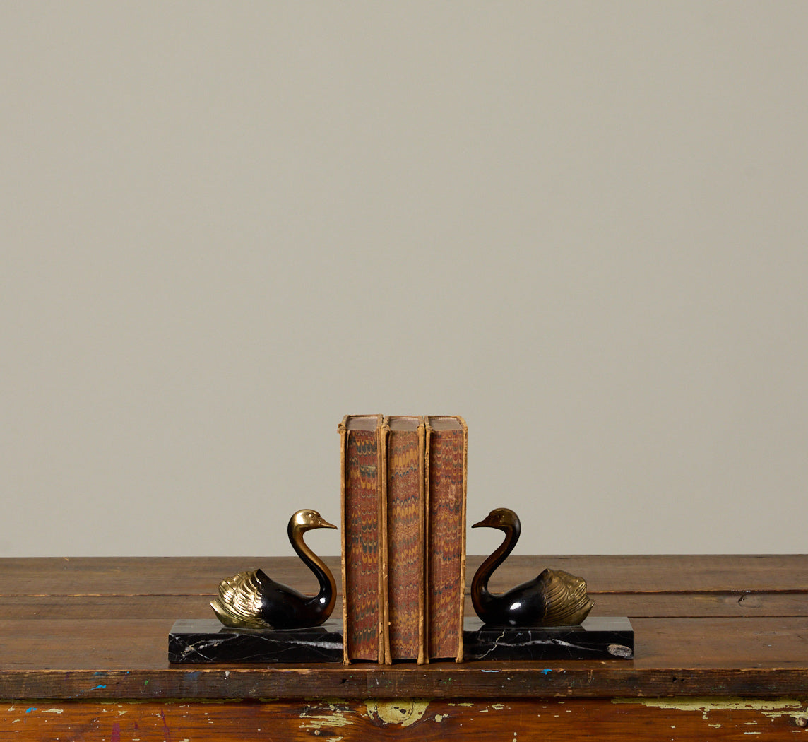 PAIR OF ART DECO SPELTER & MARBLE SWAN BOOKENDS, C. 1930S