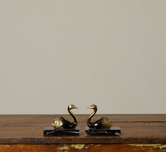 PAIR OF ART DECO SPELTER & MARBLE SWAN BOOKENDS, C. 1930S