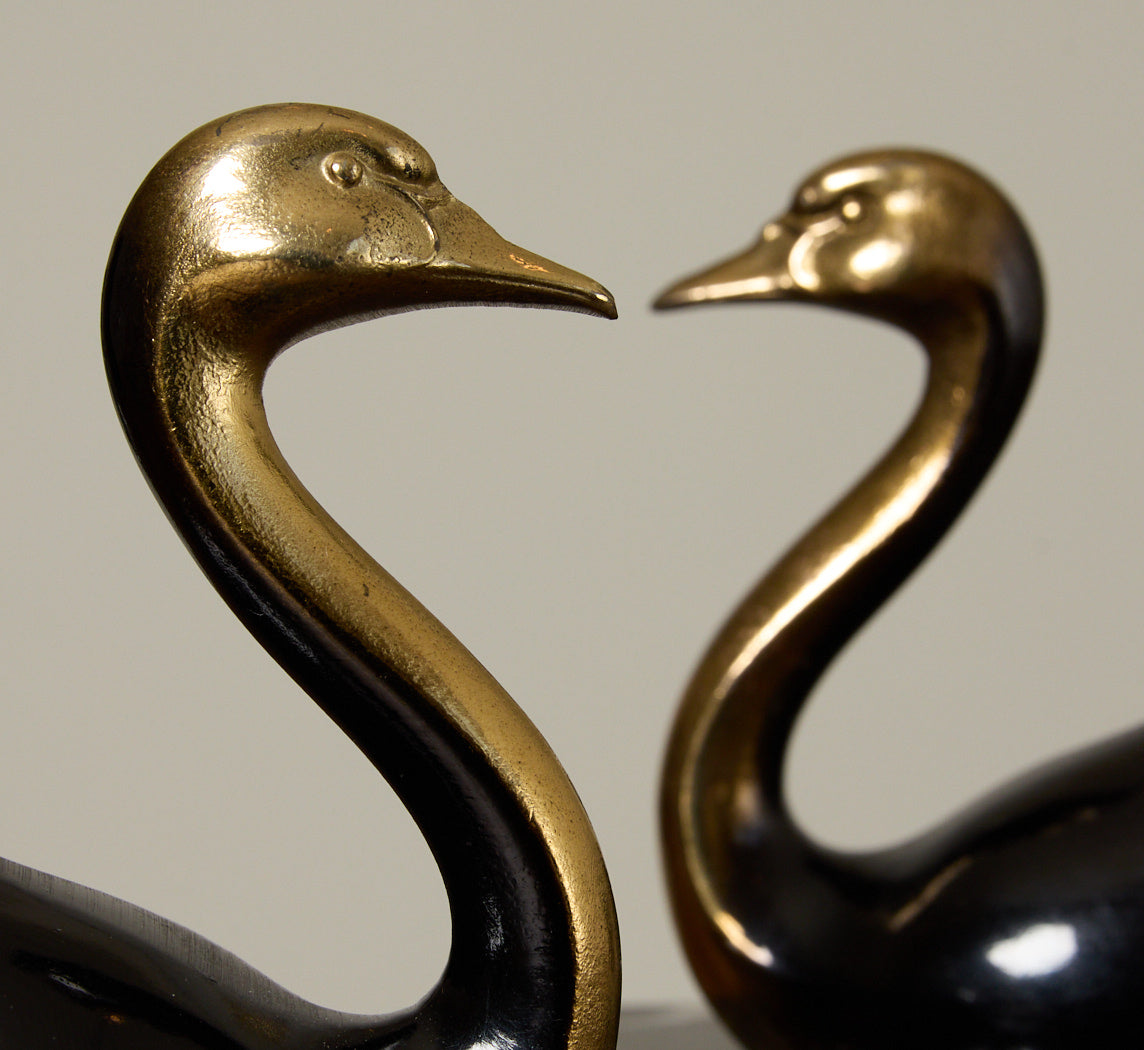 PAIR OF ART DECO SPELTER & MARBLE SWAN BOOKENDS, C. 1930S