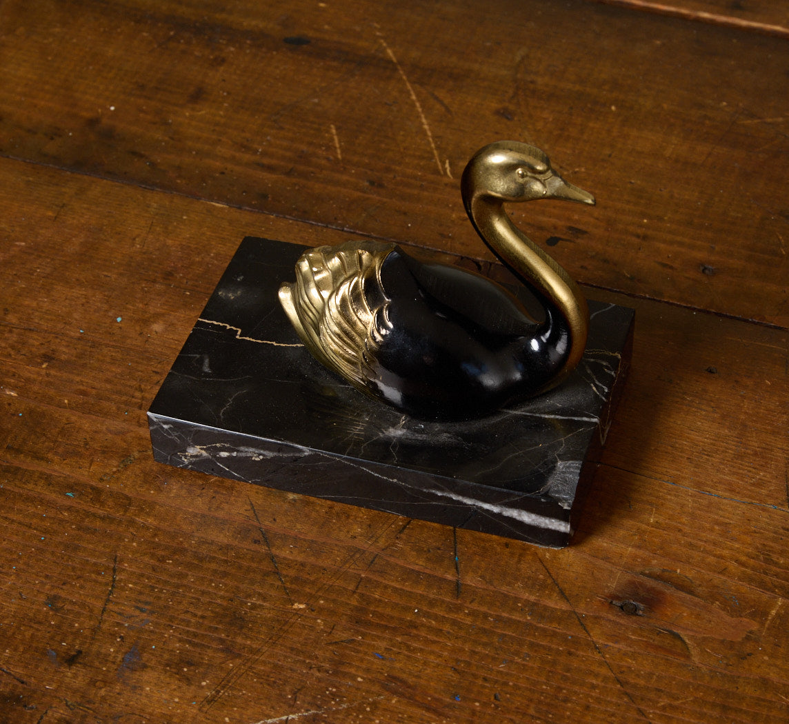 PAIR OF ART DECO SPELTER & MARBLE SWAN BOOKENDS, C. 1930S