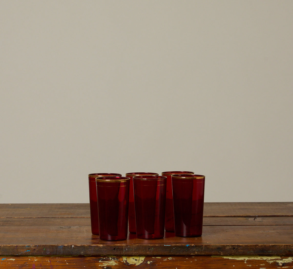 SET OF 6 1930S RUBY TUMBLERS WITH GOLD TRIM