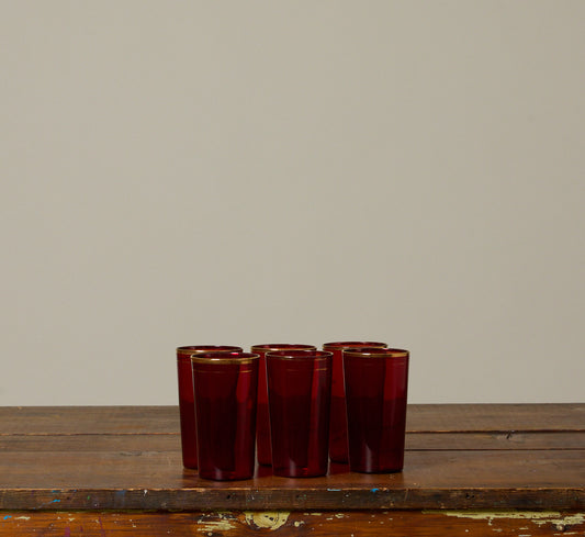 SET OF 6 1930S RUBY TUMBLERS WITH GOLD TRIM