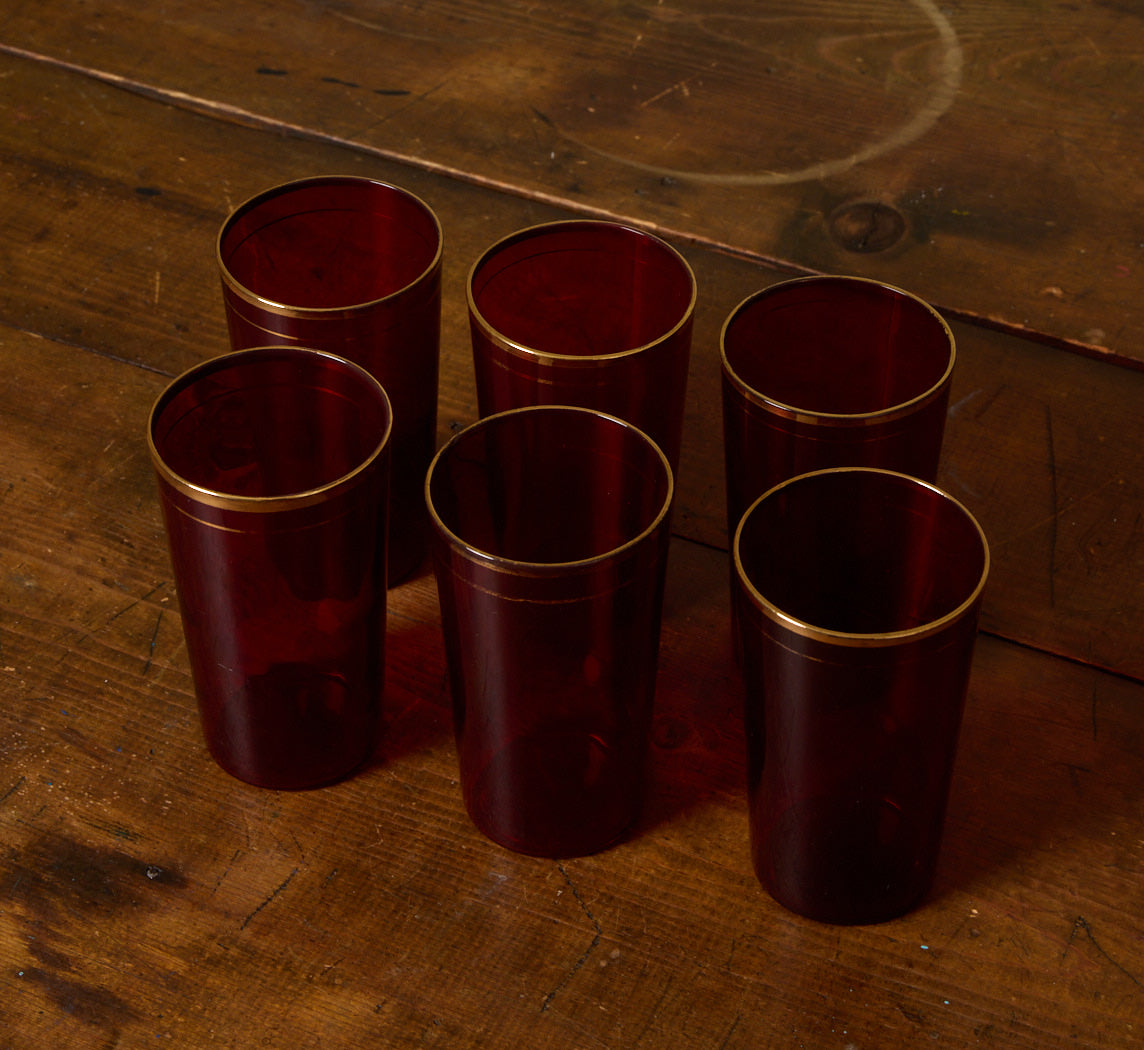 SET OF 6 1930S RUBY TUMBLERS WITH GOLD TRIM