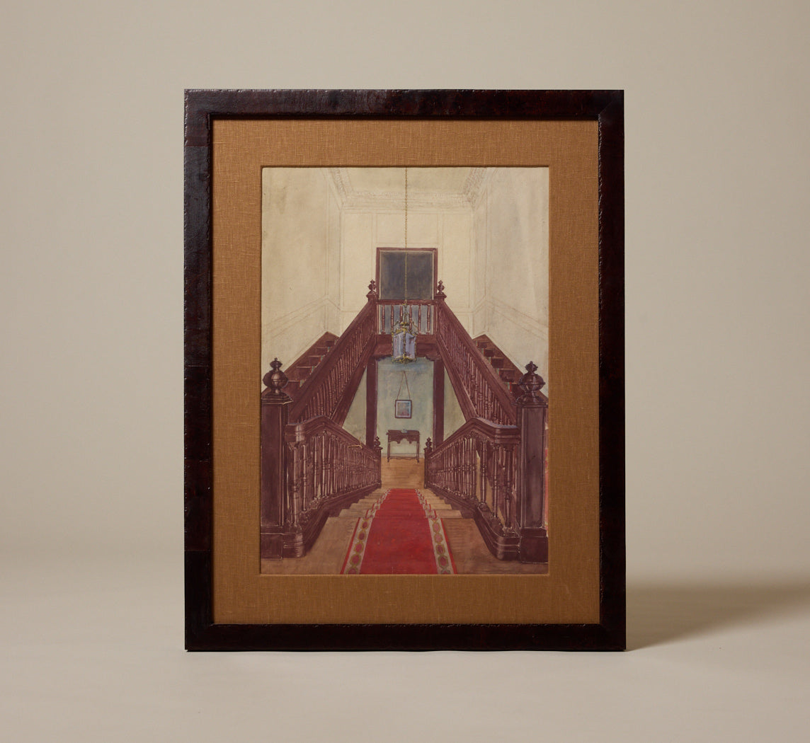 1930S EUROPEAN SCHOOL GOUACHE STAIRWAY SCENE