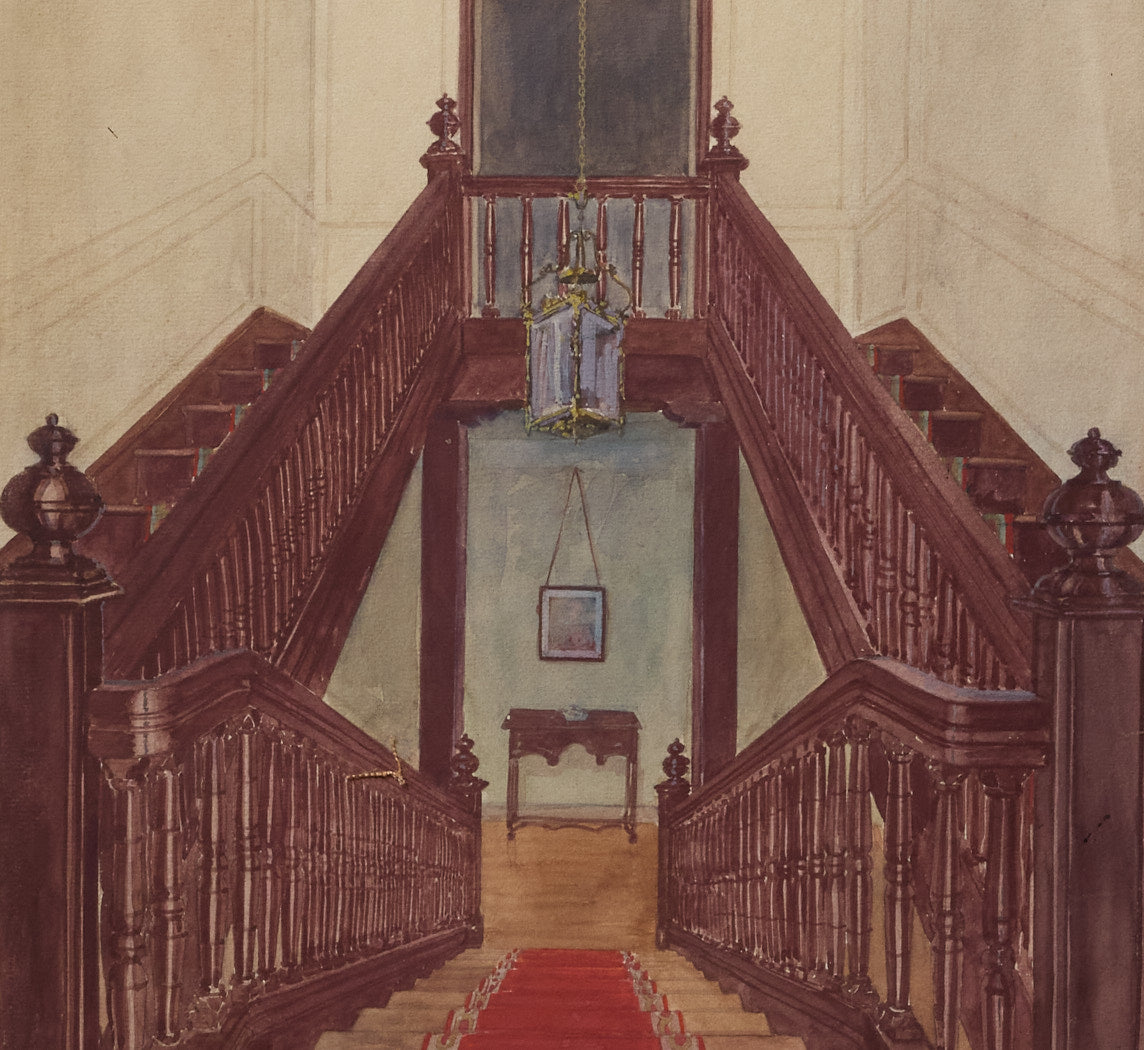 1930S EUROPEAN SCHOOL GOUACHE STAIRWAY SCENE