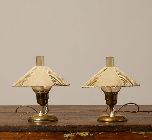 PAIR OF 1950S ITALIAN BRASS DESK LAMPS WITH OPEN WEAVE SHADES