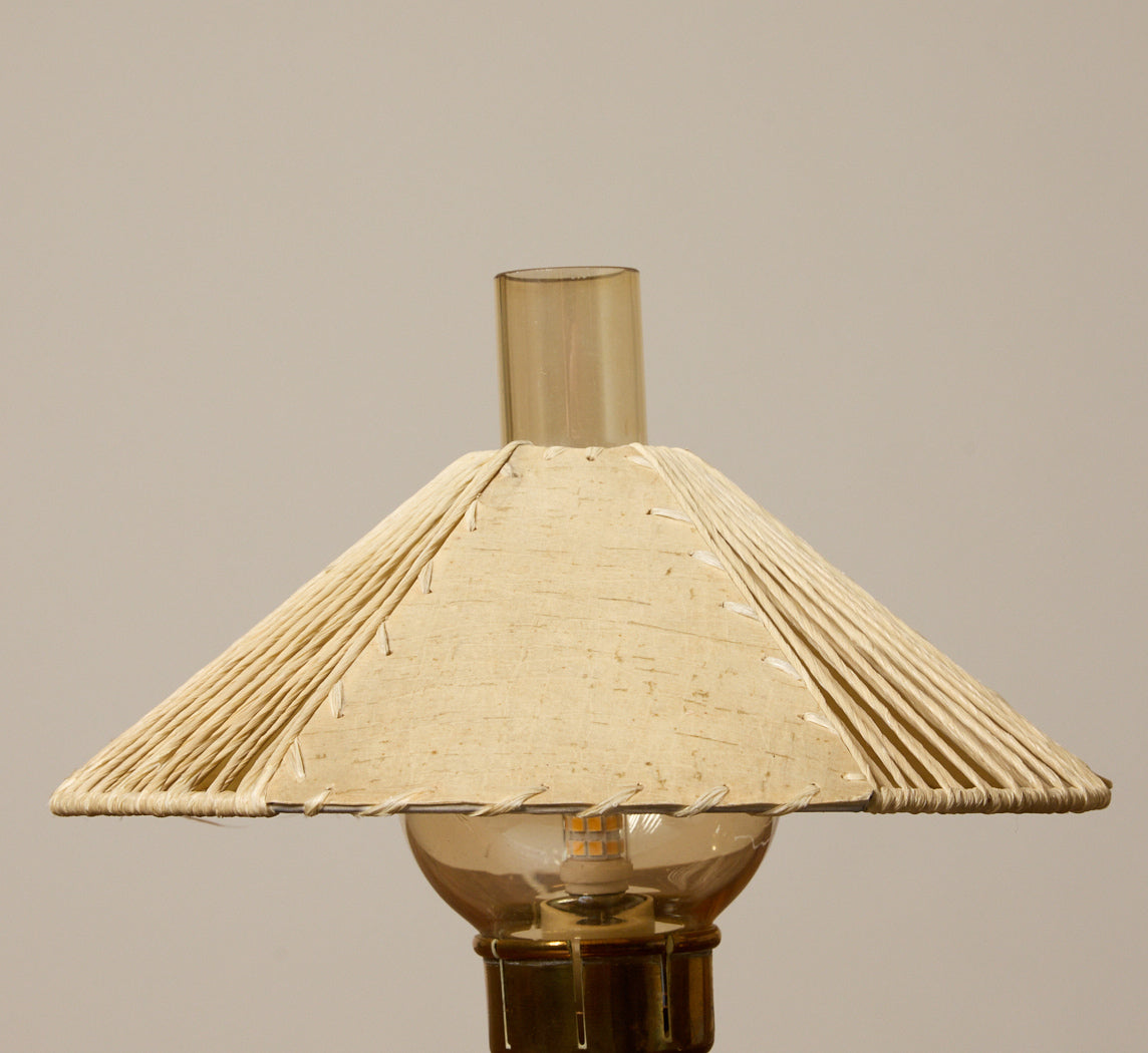PAIR OF 1950S ITALIAN BRASS DESK LAMPS WITH OPEN WEAVE SHADES