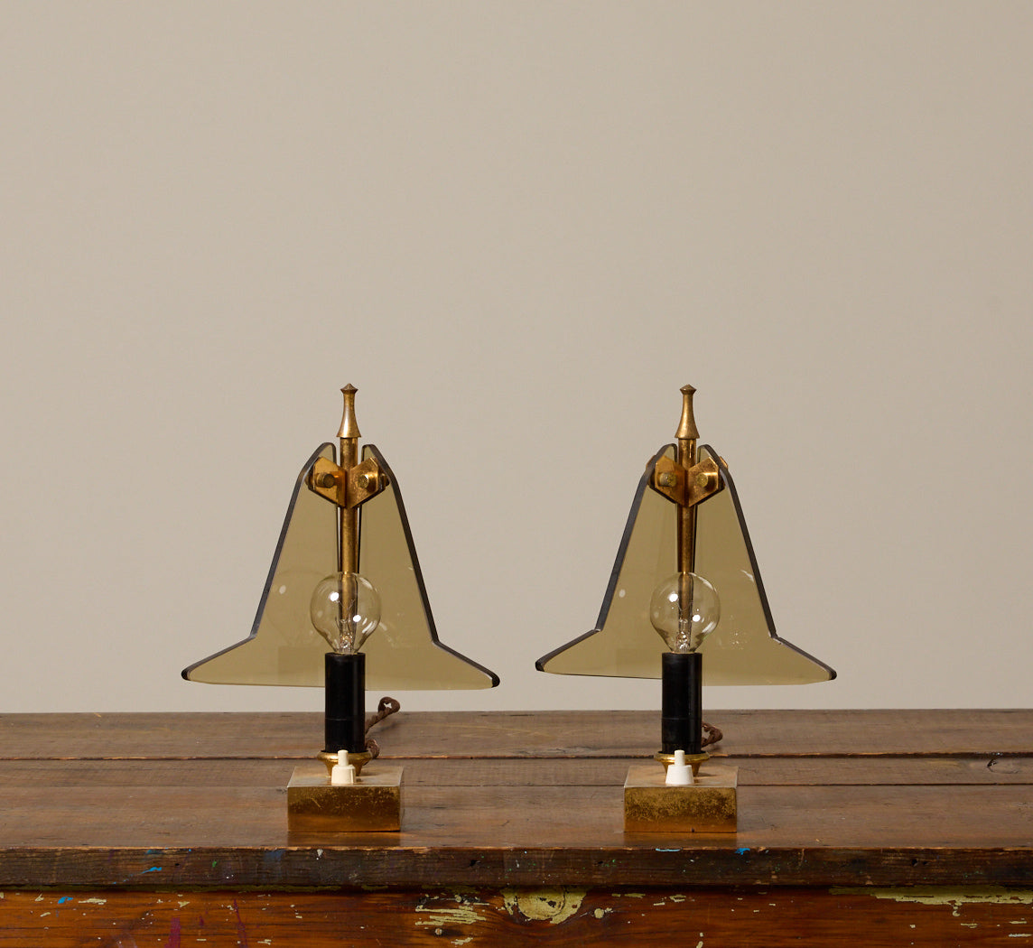 PAIR OF VINTAGE ITALIAN SMOKED GLASS & BRASS TABLE LAMPS