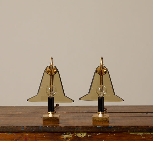 PAIR OF VINTAGE ITALIAN SMOKED GLASS & BRASS TABLE LAMPS