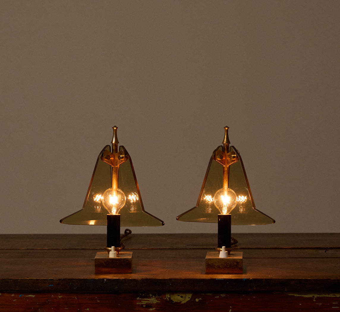 PAIR OF VINTAGE ITALIAN SMOKED GLASS & BRASS TABLE LAMPS