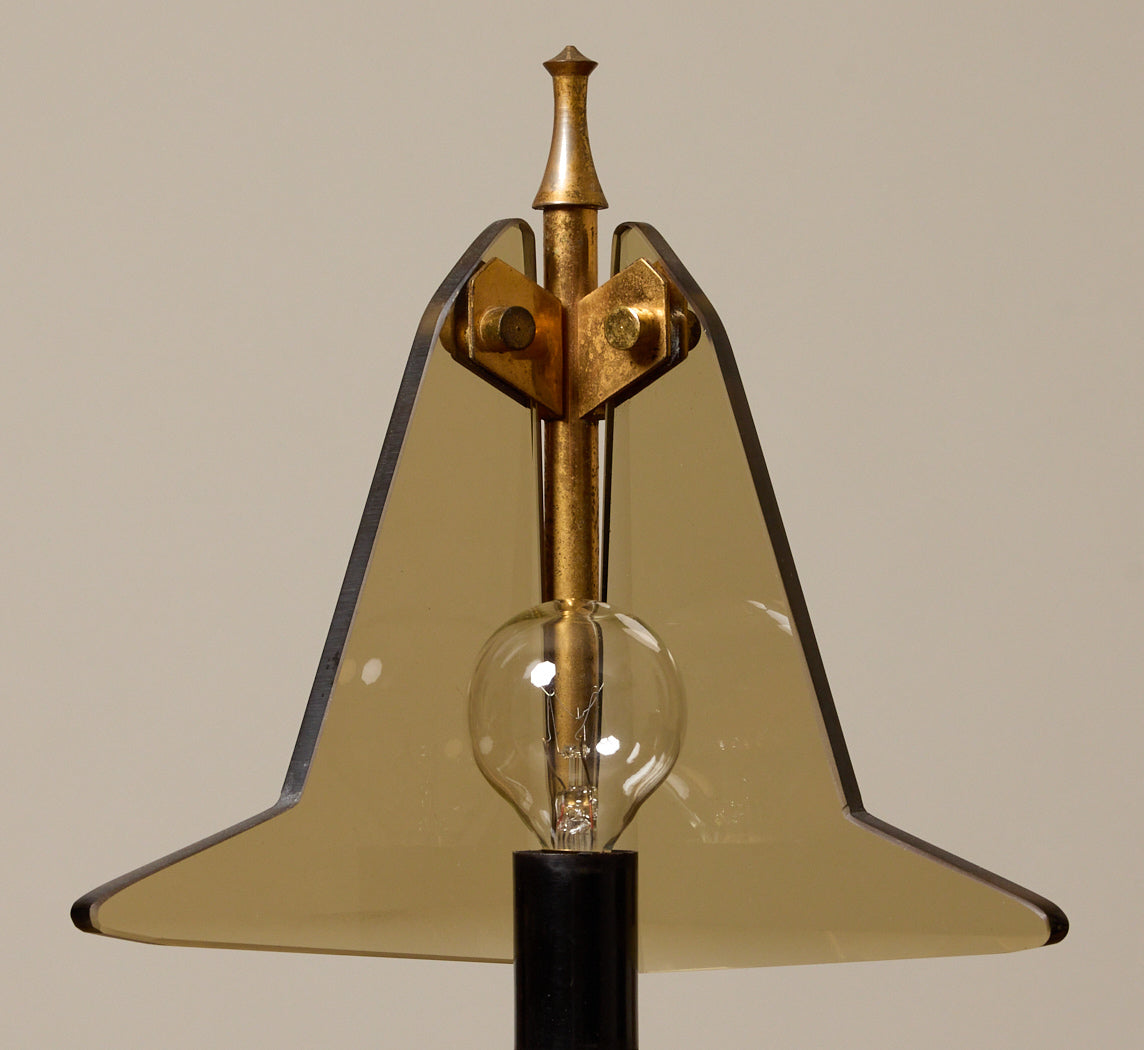 PAIR OF VINTAGE ITALIAN SMOKED GLASS & BRASS TABLE LAMPS