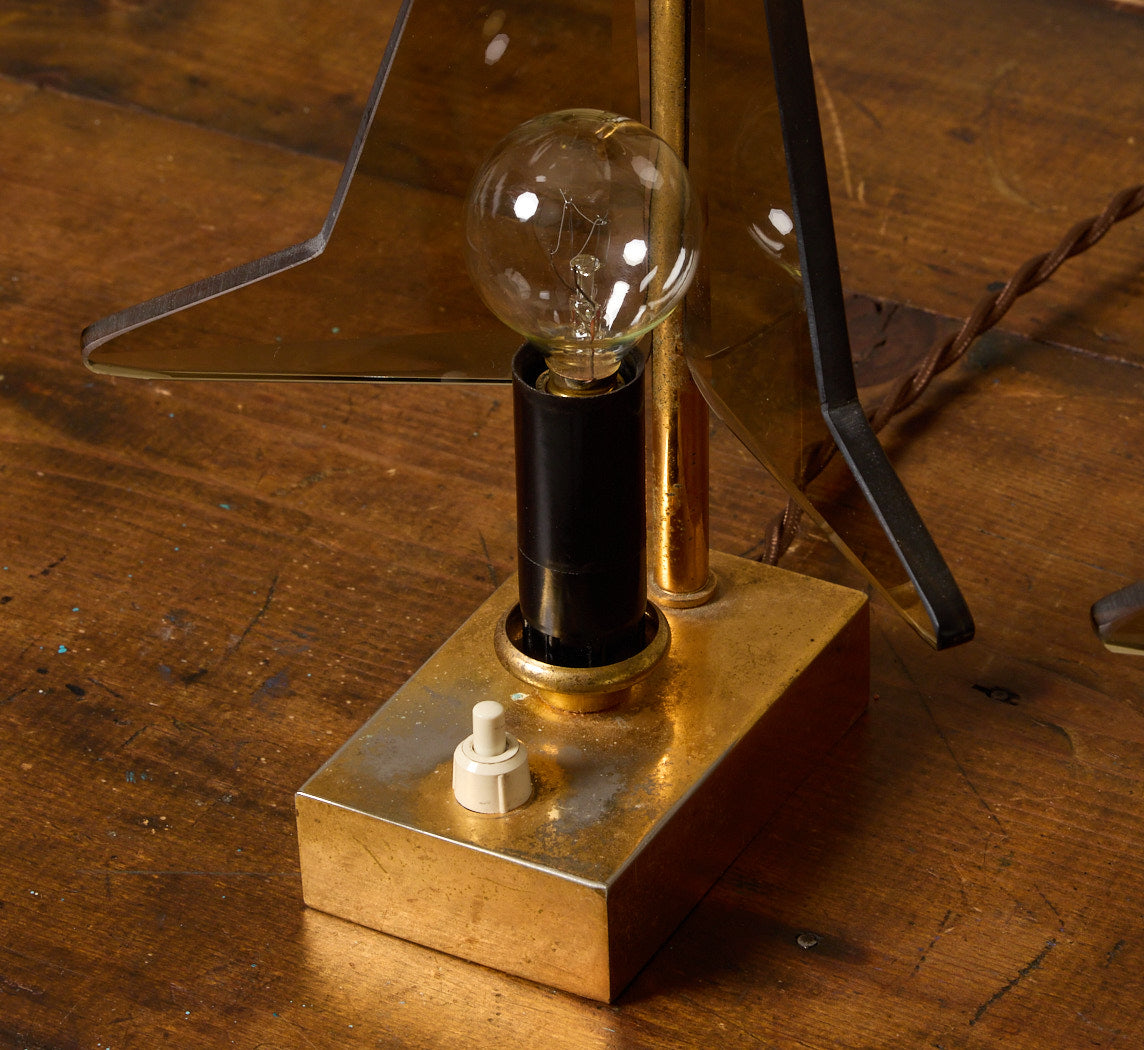 PAIR OF VINTAGE ITALIAN SMOKED GLASS & BRASS TABLE LAMPS
