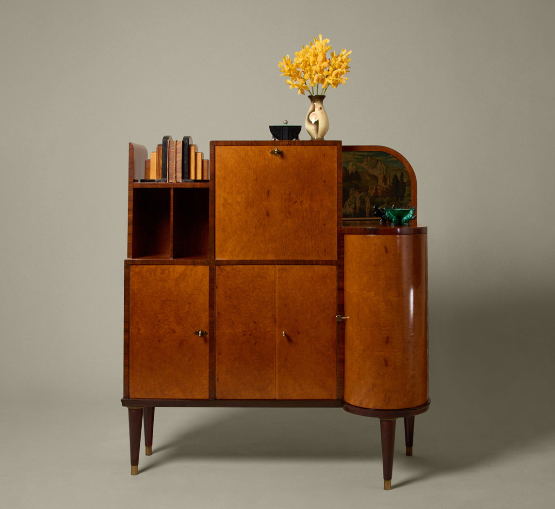 1930S ITALIAN ART DECO CURVED BURLWOOD CABINET