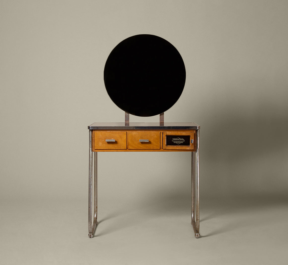 ART DECO CHROME & MAPLE VANITY DESK, C. 1940S