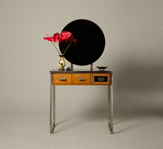 ART DECO CHROME & MAPLE VANITY DESK, C. 1940S