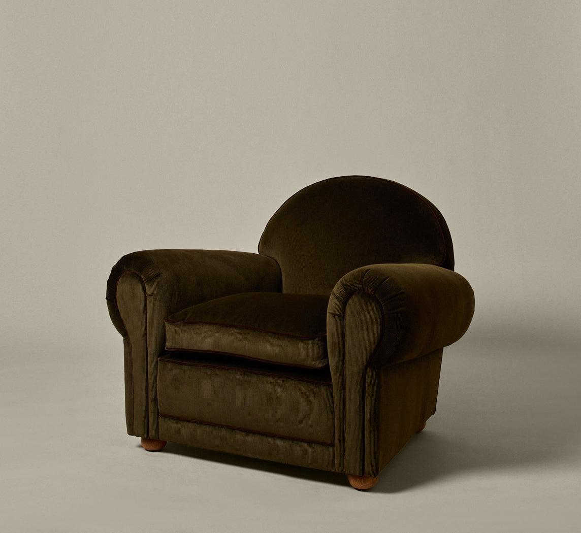 PIERCE & WARD LUCKY CHAIR IN CORDUROY WITH VELVET TRIM