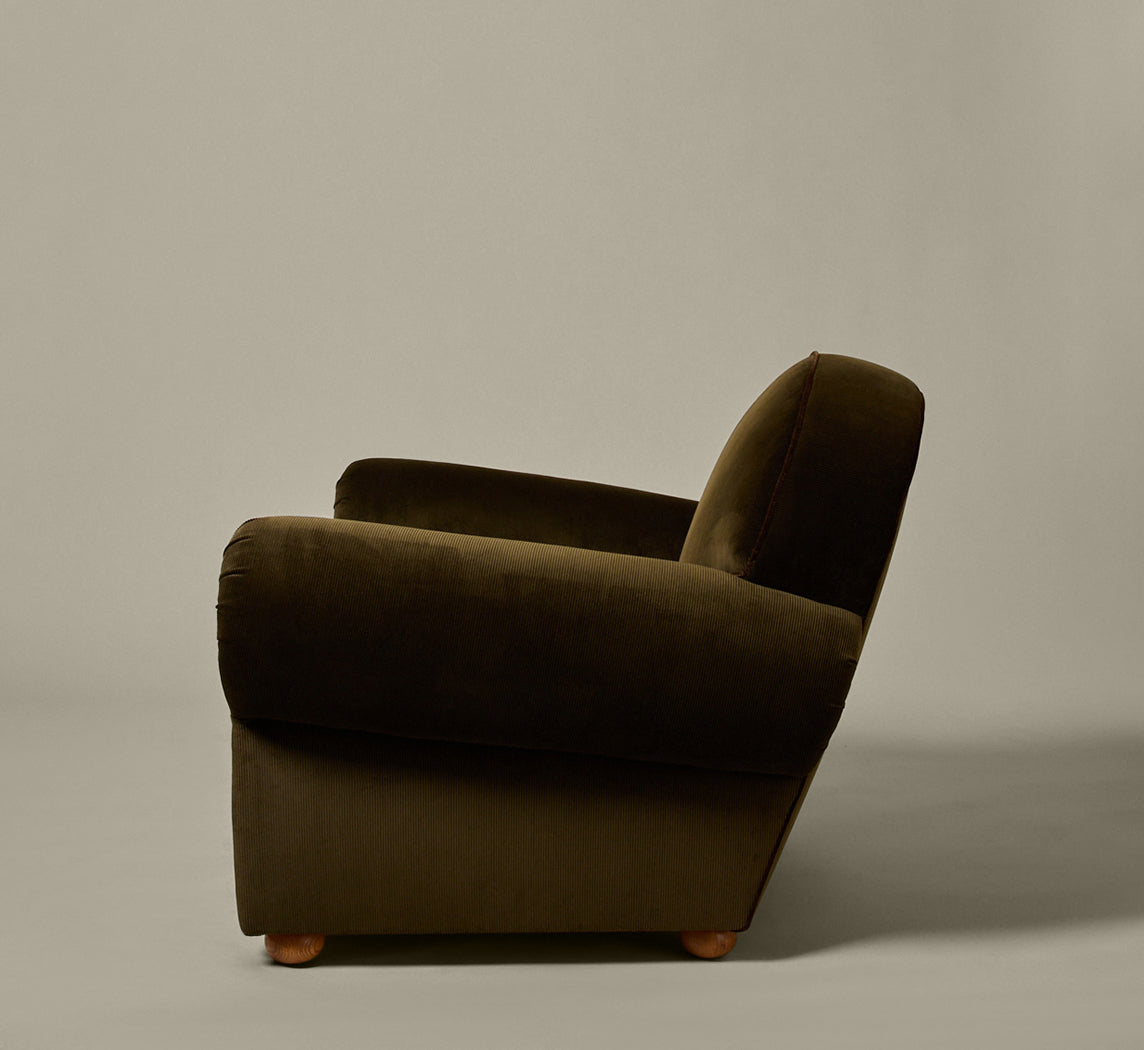 PIERCE & WARD LUCKY CHAIR IN CORDUROY WITH VELVET TRIM