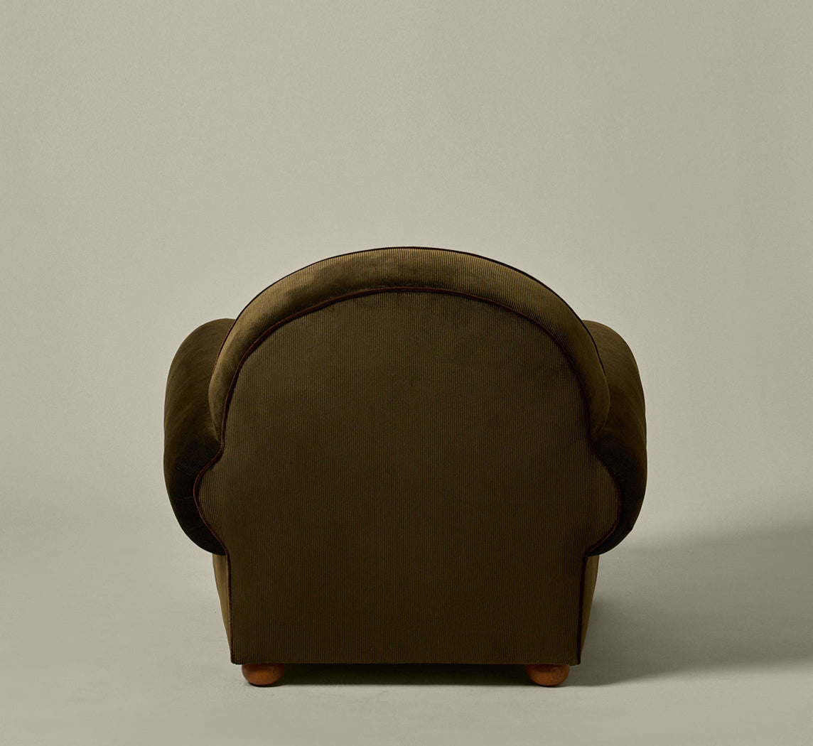 PIERCE & WARD LUCKY CHAIR IN CORDUROY WITH VELVET TRIM