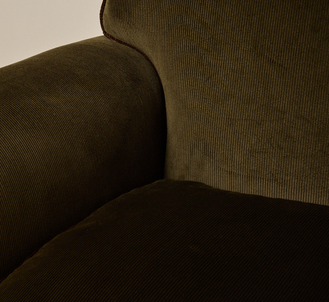 PIERCE & WARD LUCKY CHAIR IN CORDUROY WITH VELVET TRIM