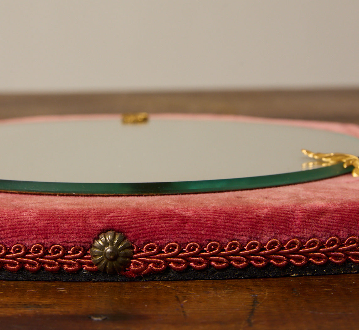 1950S ITALIAN DUSTY ROSE VELVET UPHOLSTERED WALL MIRROR