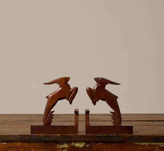 FRENCH ART DECO CARVED WOOD BOOKENDS WITH ANTELOPES