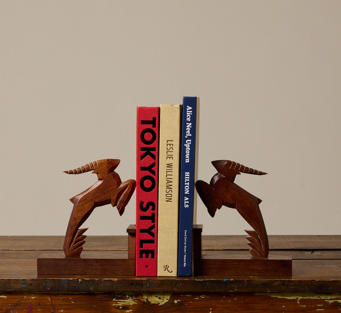 FRENCH ART DECO CARVED WOOD BOOKENDS WITH ANTELOPES – Pierce & Ward
