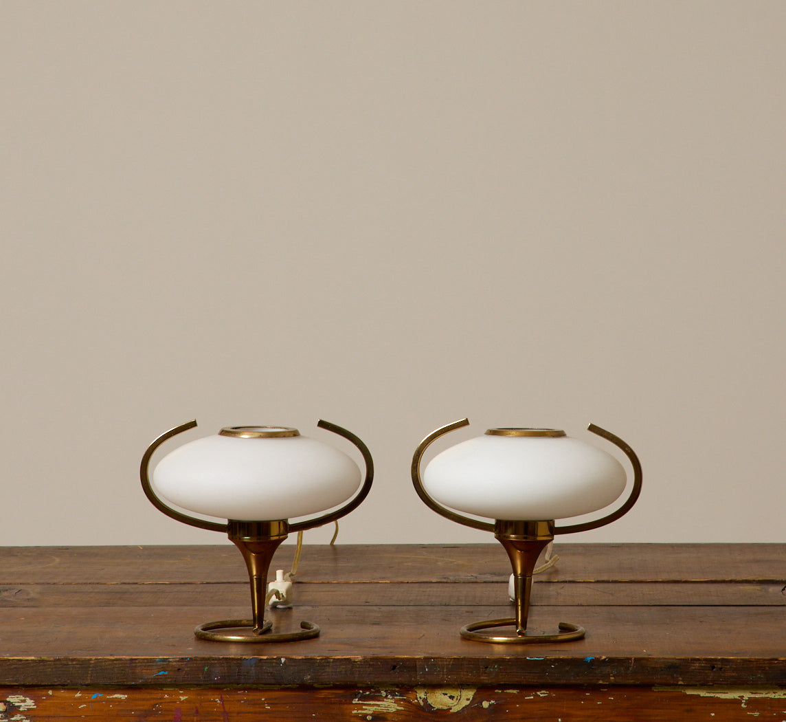PAIR OF PETITE 1950S ITALIAN GLASS & BRASS TABLE LAMPS