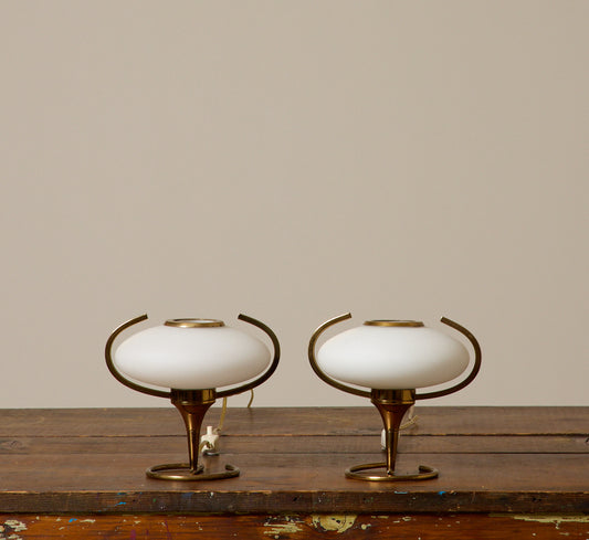 PAIR OF PETITE 1950S ITALIAN GLASS & BRASS TABLE LAMPS