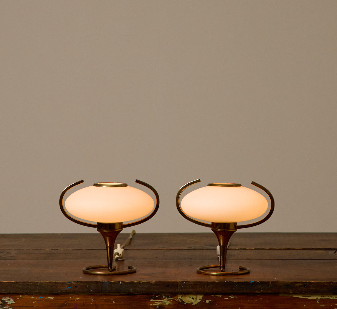 PAIR OF PETITE 1950S ITALIAN GLASS & BRASS TABLE LAMPS