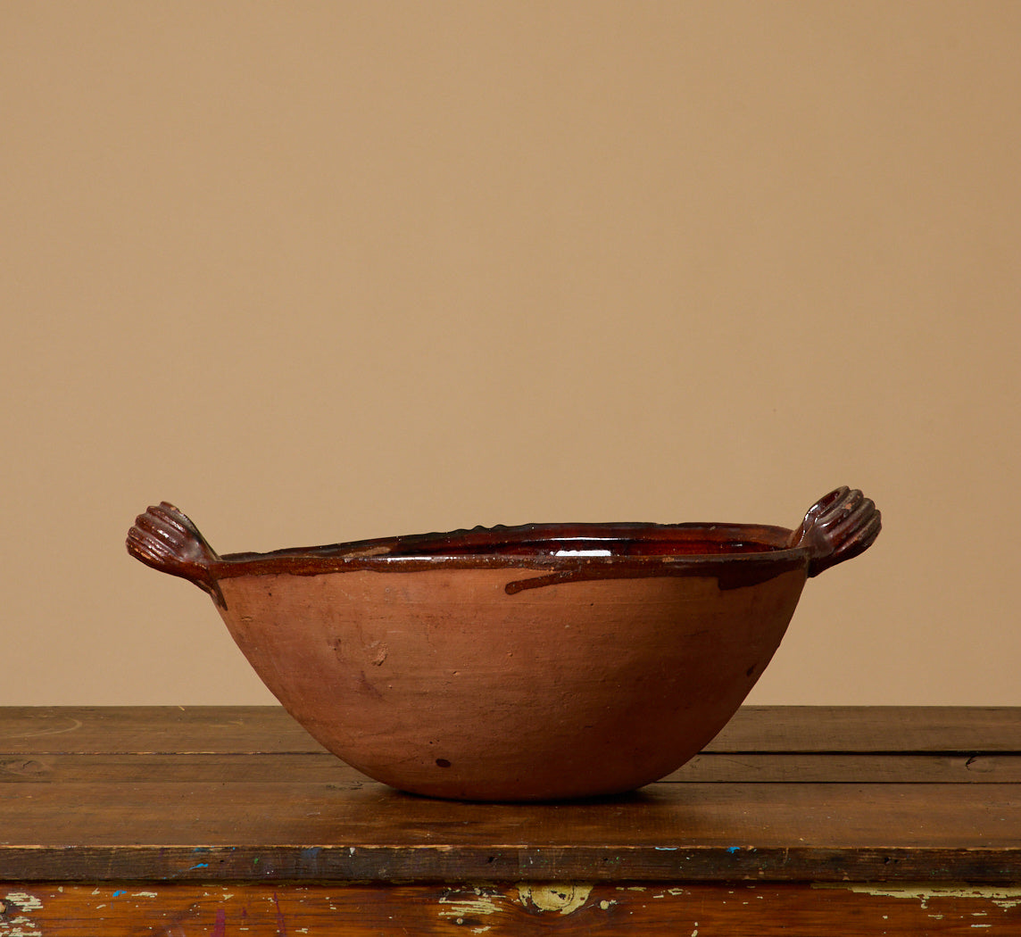 ANTIQUE REDWARE HANDLED SERVING BOWL
