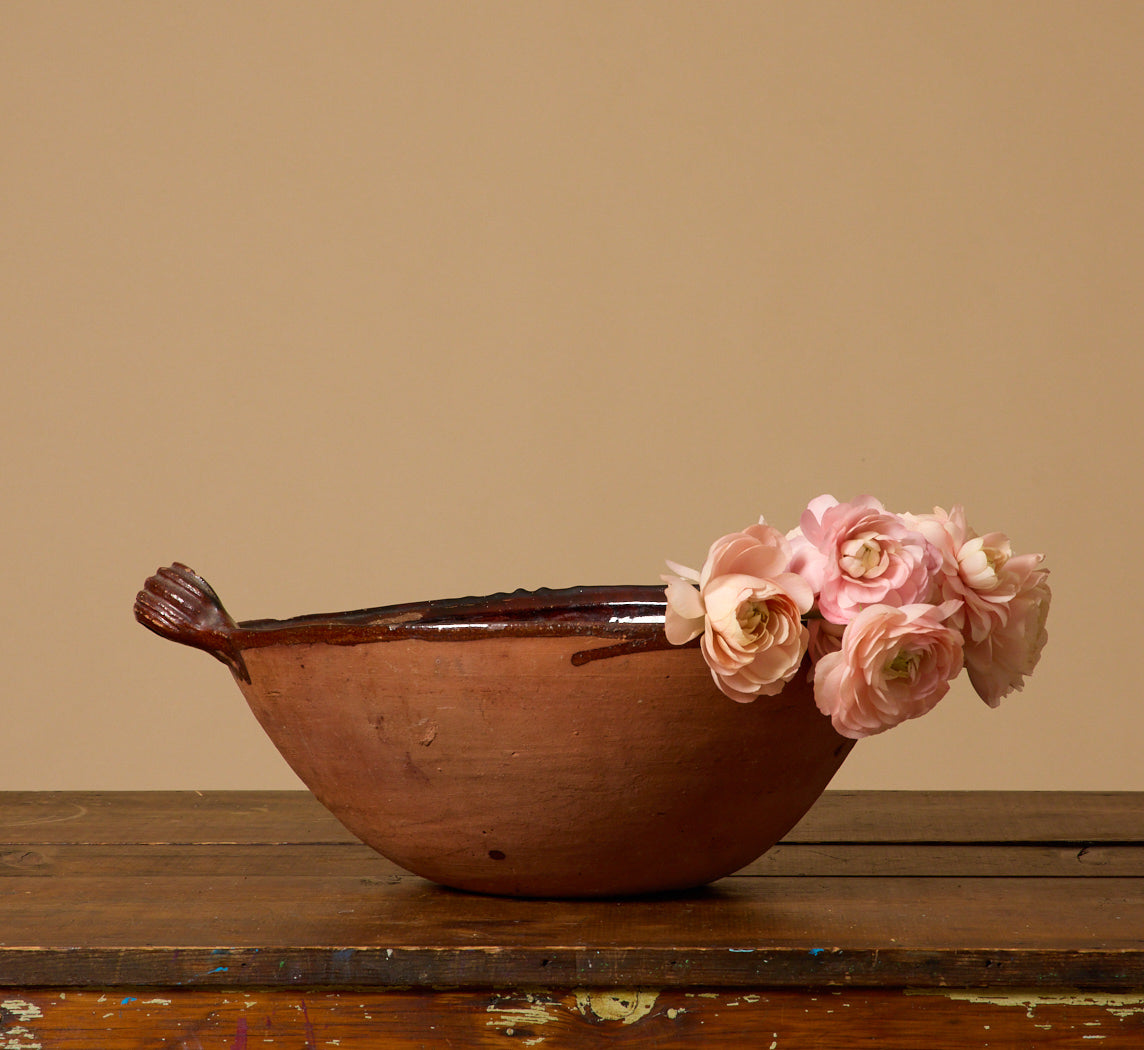 ANTIQUE REDWARE HANDLED SERVING BOWL
